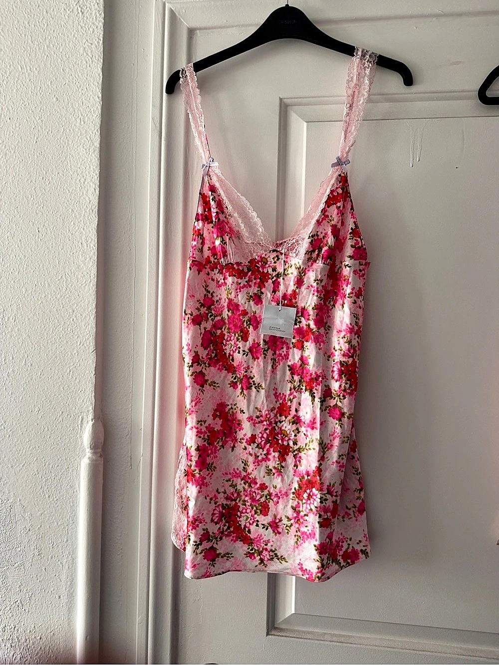 Victoria's Secret Satin Rose Lace-Trim Mini Slip Dress Pink & White